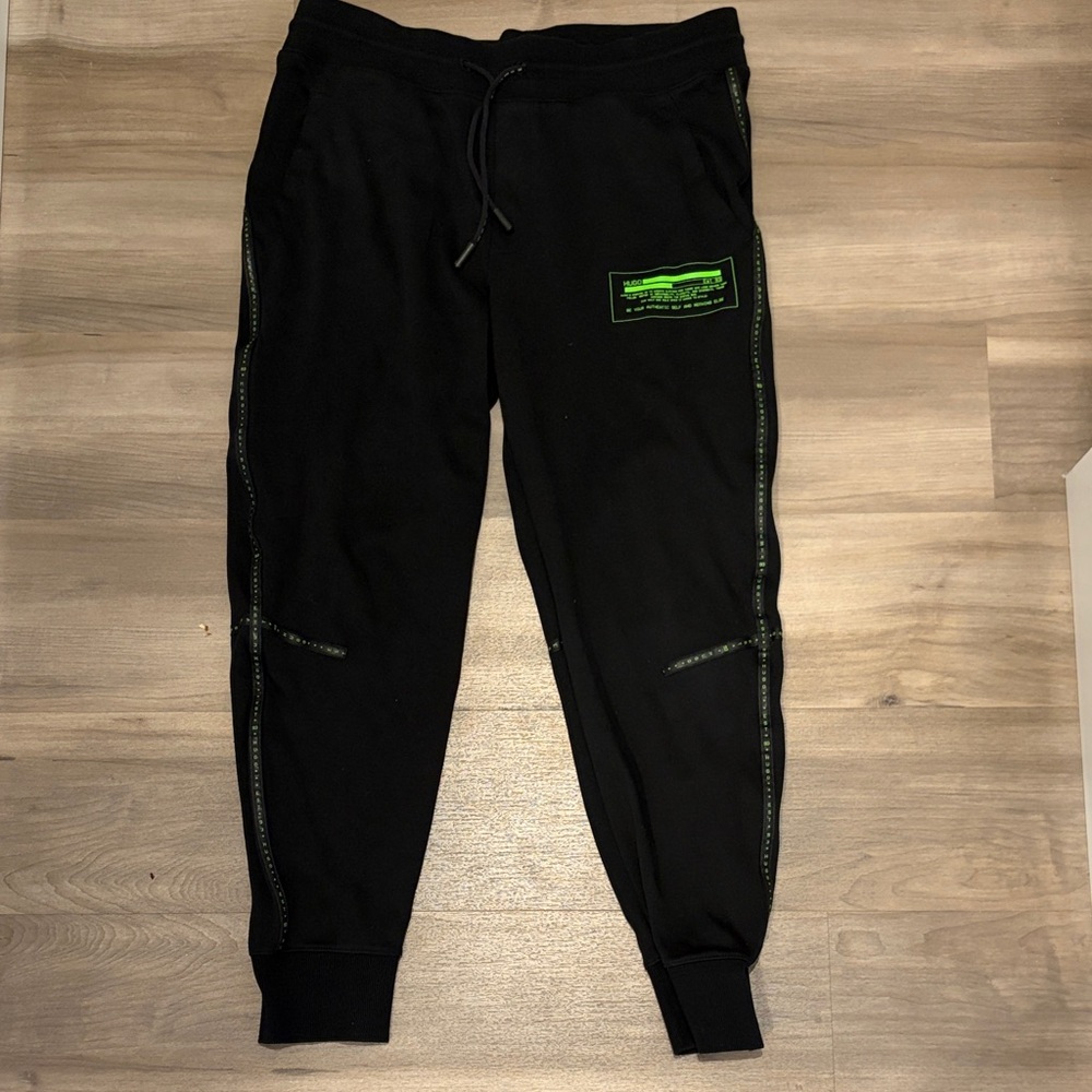 HUGO Black Joggers with Bright Green Accents